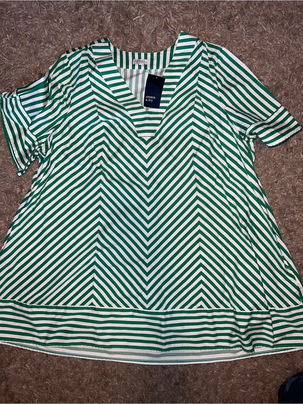 Croft & Barrow Green & White Striped V-Neck Women's Dress
